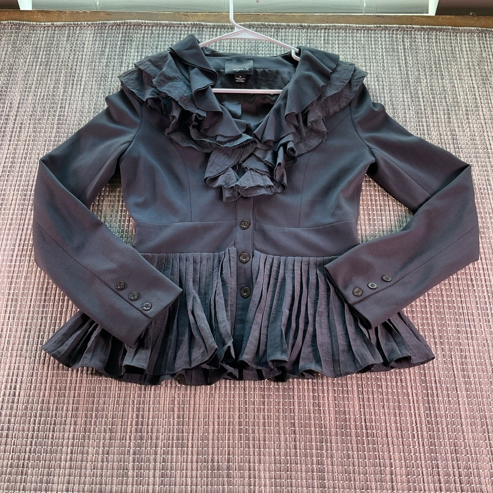 Aryn K. Button Up Blazer Ruffled Structured Peplum Gray Jacket Medium BJ-5923-B